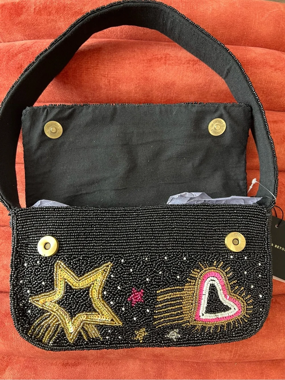 NWT America & Beyond Black Celestial Star, Eye & Heart Beaded Shoulder Bag - Picture 5 of 12